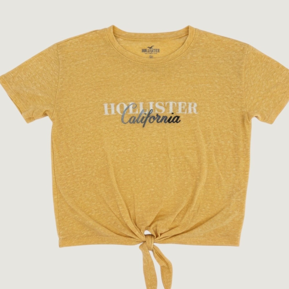 Hollister T-Shirt Womens XS Yellow Graphic Tie Front Short Sleeve